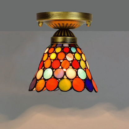 Traditional Tiffany Stained Glass Cup Shade Iron 1-Light Semi-Flush Mount Ceiling Light For Living Room