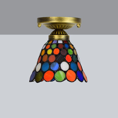 Traditional Tiffany Stained Glass Cup Shade Iron 1-Light Semi-Flush Mount Ceiling Light For Living Room