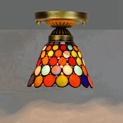 Traditional Tiffany Stained Glass Cup Shade Iron 1-Light Semi-Flush Mount Ceiling Light For Living Room