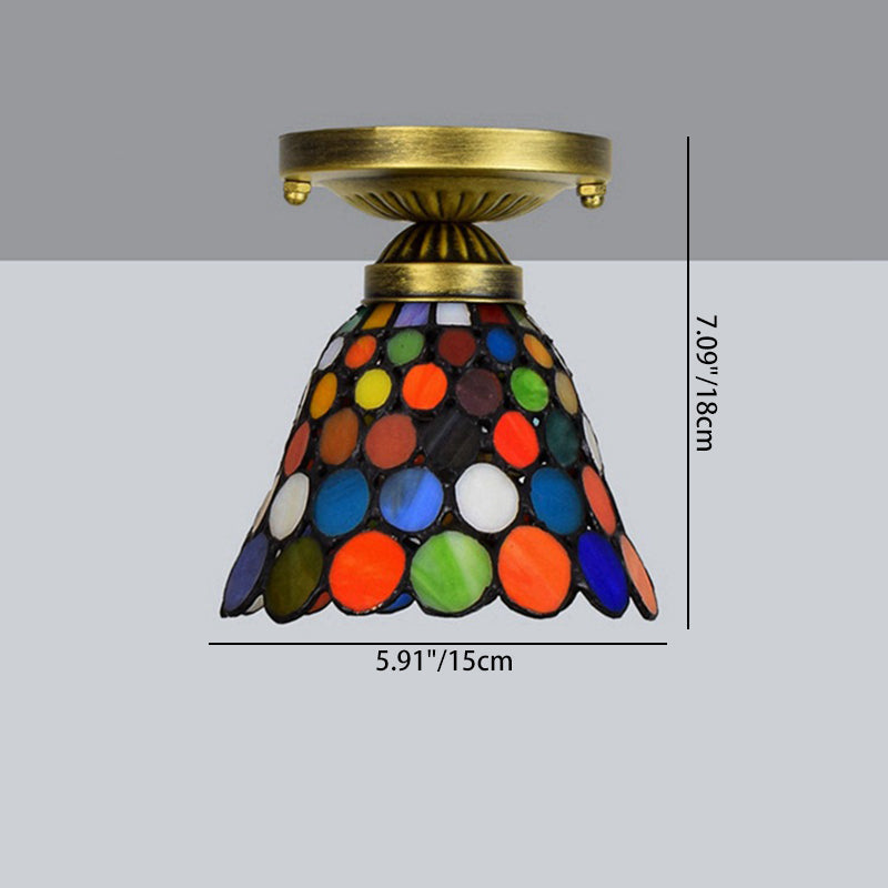 Traditional Tiffany Stained Glass Cup Shade Iron 1-Light Semi-Flush Mount Ceiling Light For Living Room