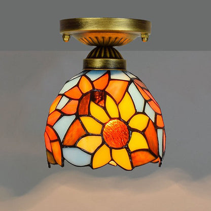 Traditional Tiffany Stained Glass Sunflower Round Shade Iron 1-Light Semi-Flush Mount Ceiling Light For Living Room