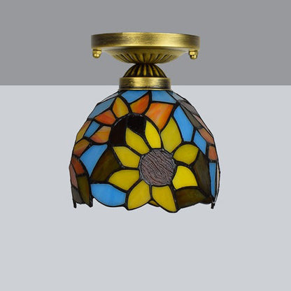 Traditional Tiffany Stained Glass Sunflower Round Shade Iron 1-Light Semi-Flush Mount Ceiling Light For Living Room