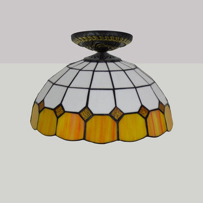 Traditional Tiffany Stained Glass Dome Shade 1-Light Semi-Flush Mount Ceiling Light For Living Room