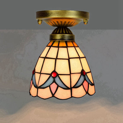 Traditional Tiffany Magnolia Flower Pattern Stained Glass Cup Shade 1-Light Semi-Flush Mount Ceiling Light For Living Room