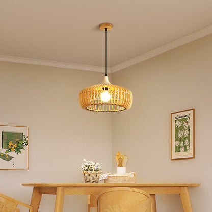 Traditional Japanese Solid Wood Hollow Out Round Cage 1-Light Pendant Light For Living Room