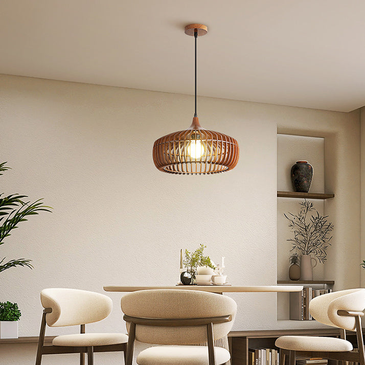 Traditional Japanese Solid Wood Hollow Out Round Cage 1-Light Pendant Light For Living Room