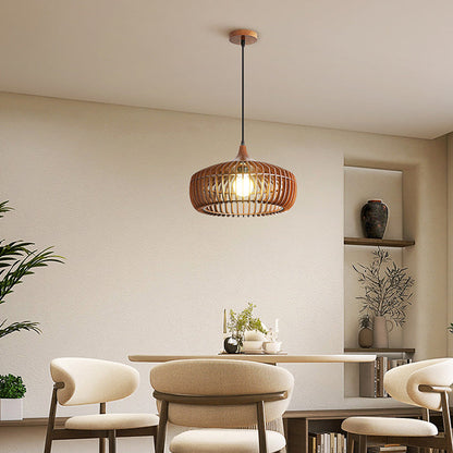 Traditional Japanese Solid Wood Hollow Out Round Cage 1-Light Pendant Light For Living Room