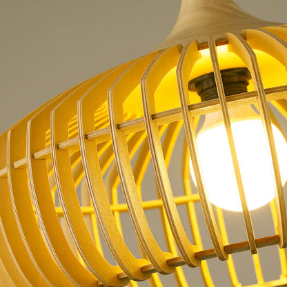 Traditional Japanese Solid Wood Hollow Out Round Cage 1-Light Pendant Light For Living Room