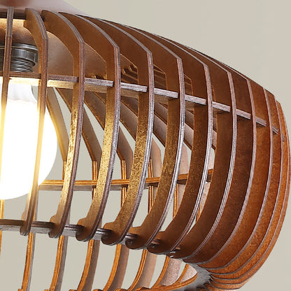 Traditional Japanese Solid Wood Hollow Out Round Cage 1-Light Pendant Light For Living Room