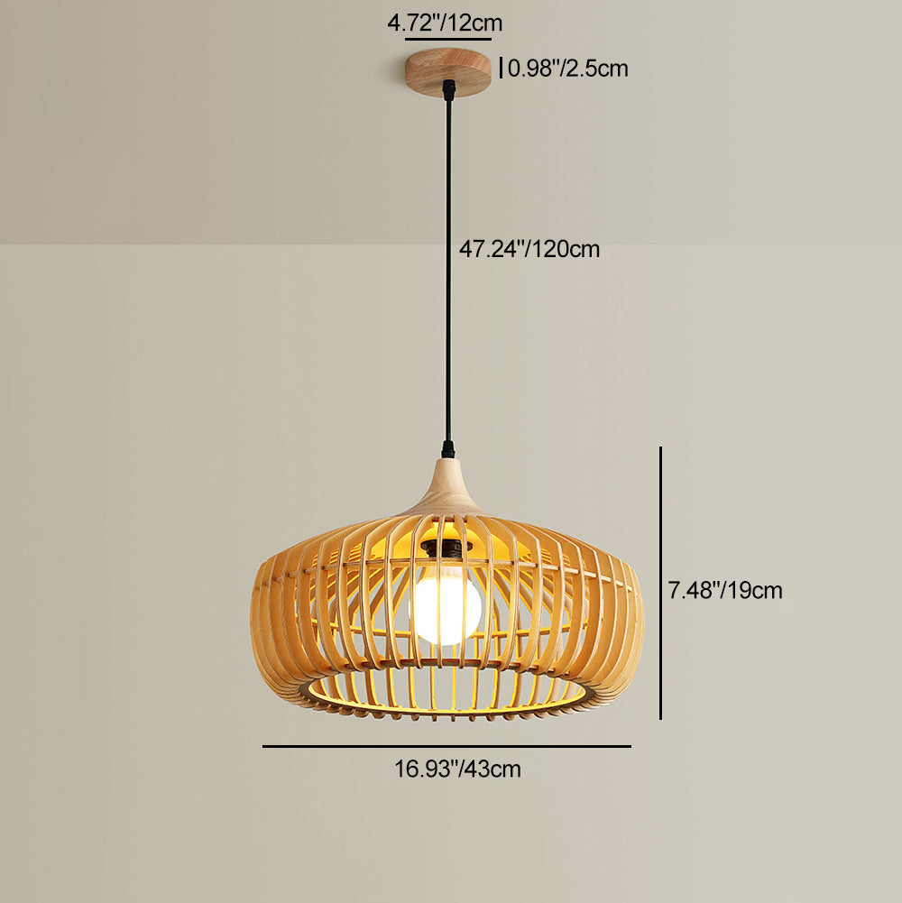 Traditional Japanese Solid Wood Hollow Out Round Cage 1-Light Pendant Light For Living Room