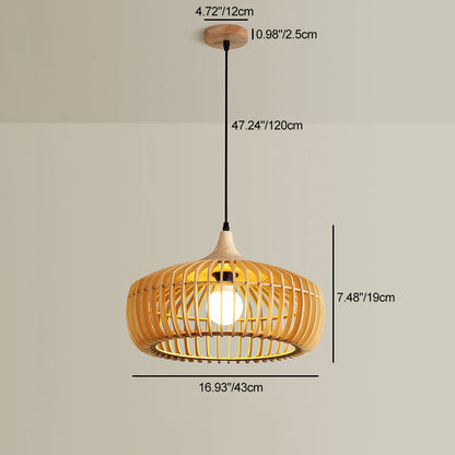Traditional Japanese Solid Wood Hollow Out Round Cage 1-Light Pendant Light For Living Room