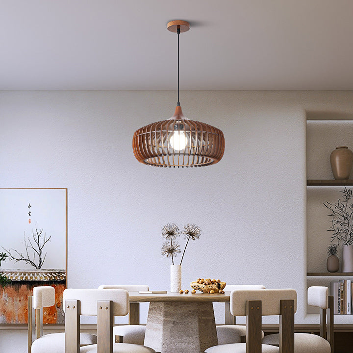 Traditional Japanese Solid Wood Hollow Out Round Cage 1-Light Pendant Light For Living Room