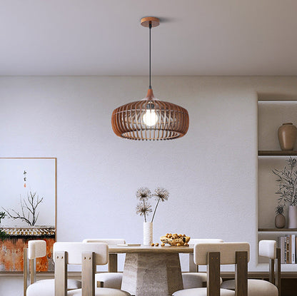 Traditional Japanese Solid Wood Hollow Out Round Cage 1-Light Pendant Light For Living Room