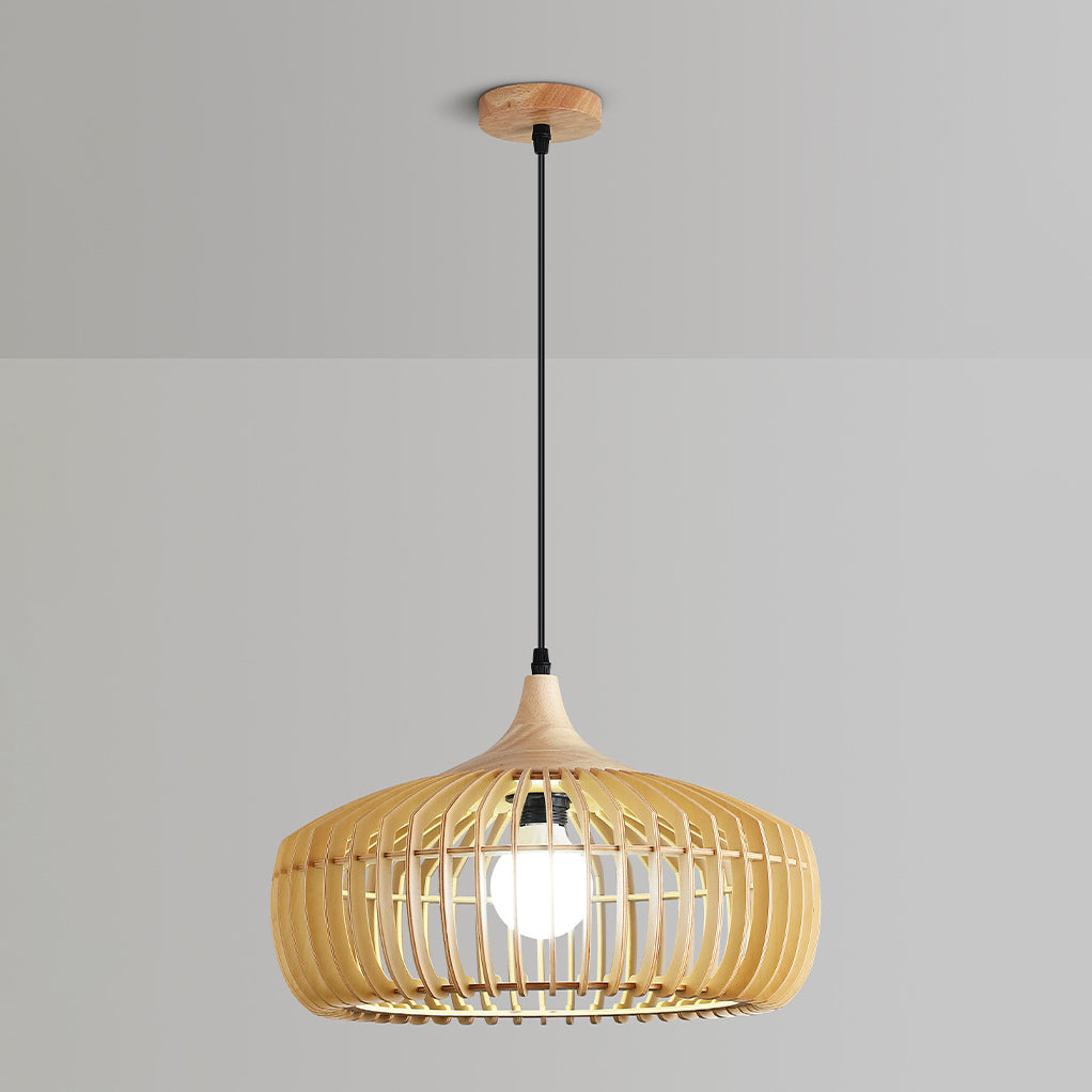 Traditional Japanese Solid Wood Hollow Out Round Cage 1-Light Pendant Light For Living Room