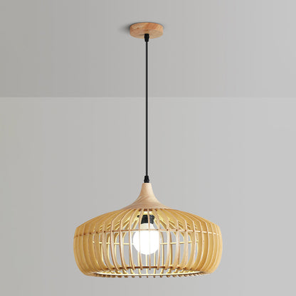 Traditional Japanese Solid Wood Hollow Out Round Cage 1-Light Pendant Light For Living Room
