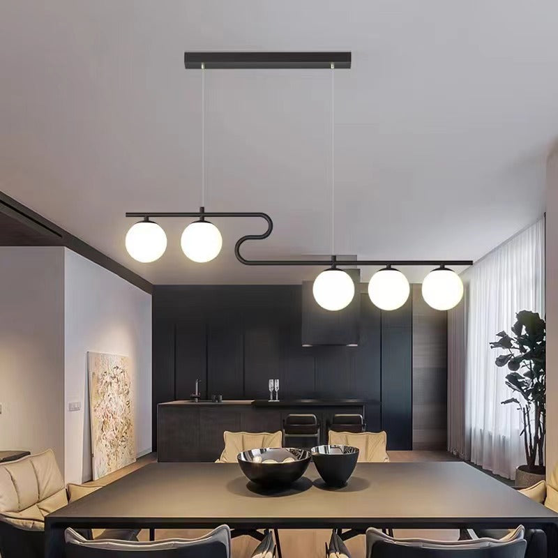 Modern Mid-Century Iron Straight Line Glass Ball Shade 5-Light Pendant Light Island Light For Living Room