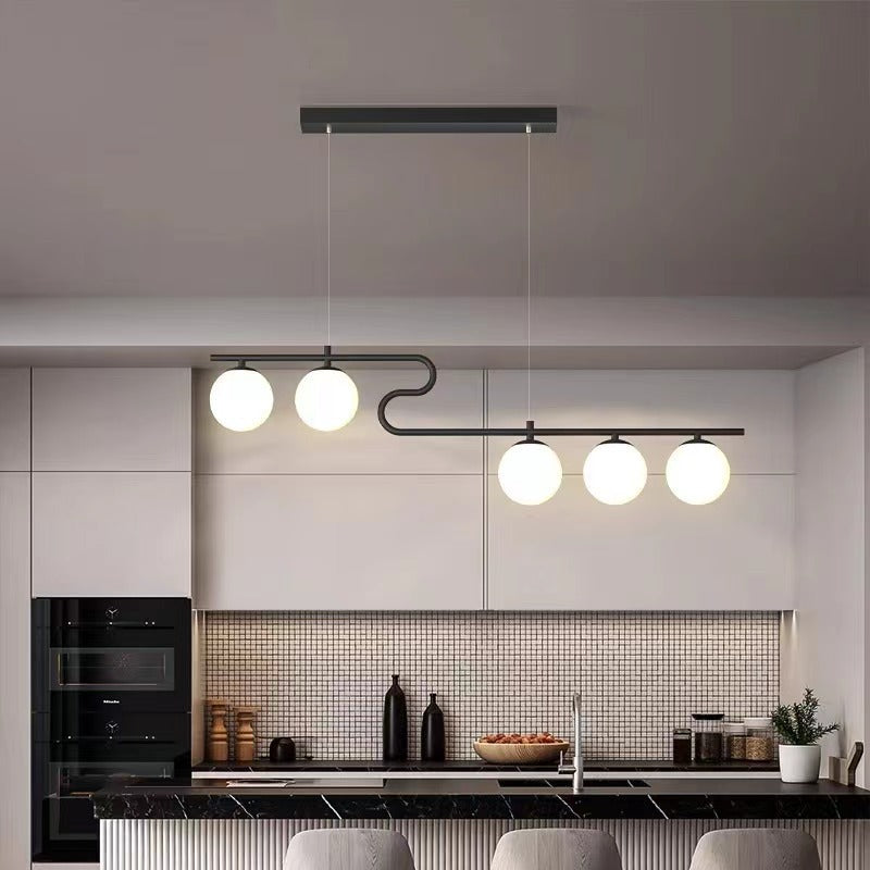 Modern Mid-Century Iron Straight Line Glass Ball Shade 5-Light Pendant Light Island Light For Living Room