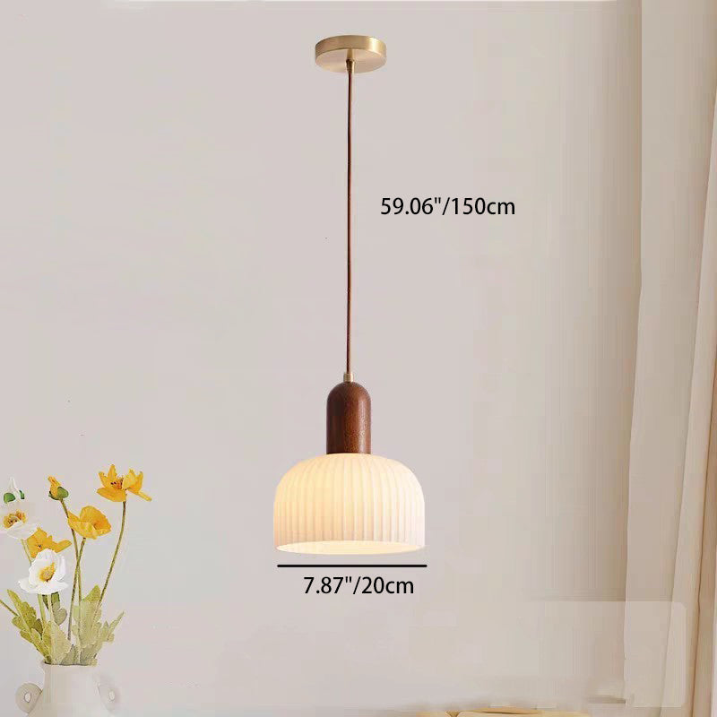 Traditional French Ripple Glass Semicircle Shade Solid Wood 1-Light Pendant Light For Living Room