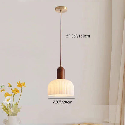 Traditional French Ripple Glass Semicircle Shade Solid Wood 1-Light Pendant Light For Living Room
