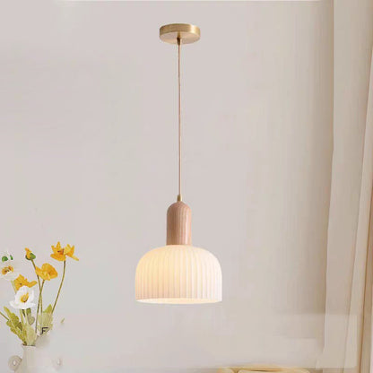 Traditional French Ripple Glass Semicircle Shade Solid Wood 1-Light Pendant Light For Living Room