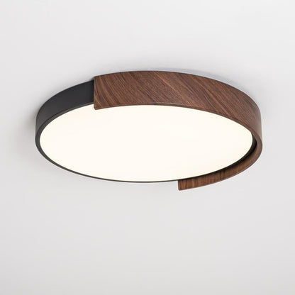 Traditional Japanese Iron Faux Woodgrain PVC Round Shade LED Flush Mount Ceiling Light For Living Room