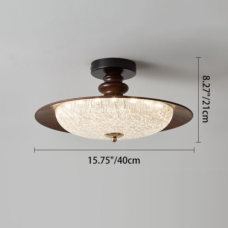 Traditional Vintage Iron Faux Woodgrain Acrylic Round LED Semi-Flush Mount Ceiling Light For Living Room