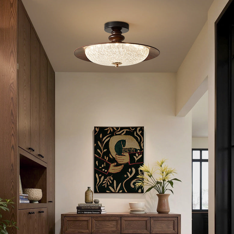 Traditional Vintage Iron Faux Woodgrain Acrylic Round LED Semi-Flush Mount Ceiling Light For Living Room