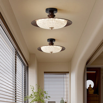 Traditional Vintage Iron Faux Woodgrain Acrylic Round LED Semi-Flush Mount Ceiling Light For Living Room