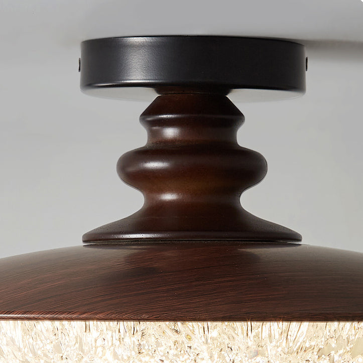 Traditional Vintage Iron Faux Woodgrain Acrylic Round LED Semi-Flush Mount Ceiling Light For Living Room