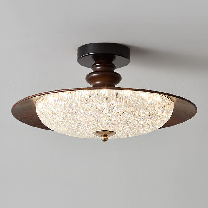 Traditional Vintage Iron Faux Woodgrain Acrylic Round LED Semi-Flush Mount Ceiling Light For Living Room
