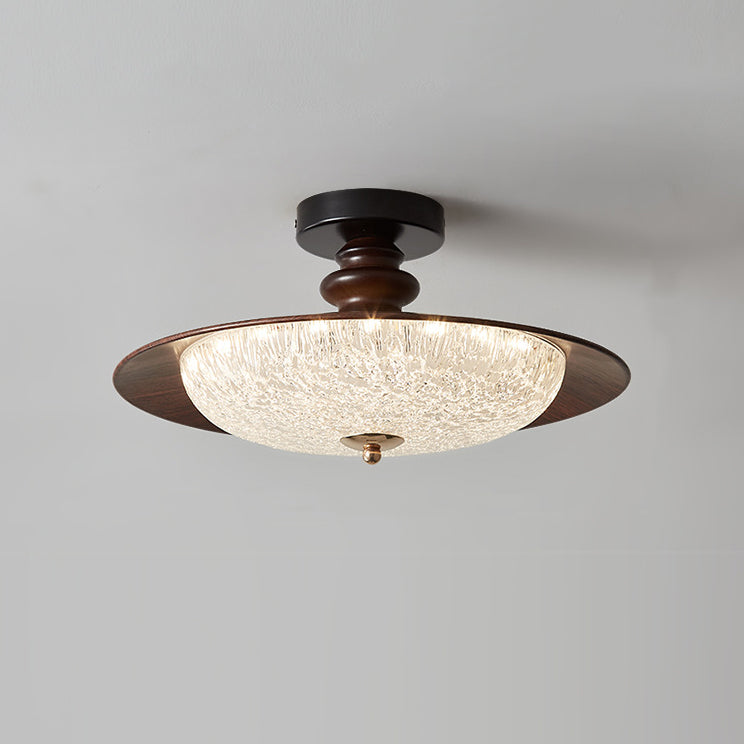 Traditional Vintage Iron Faux Woodgrain Acrylic Round LED Semi-Flush Mount Ceiling Light For Living Room