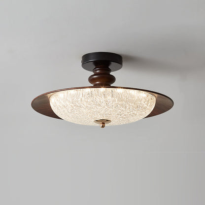 Traditional Vintage Iron Faux Woodgrain Acrylic Round LED Semi-Flush Mount Ceiling Light For Living Room