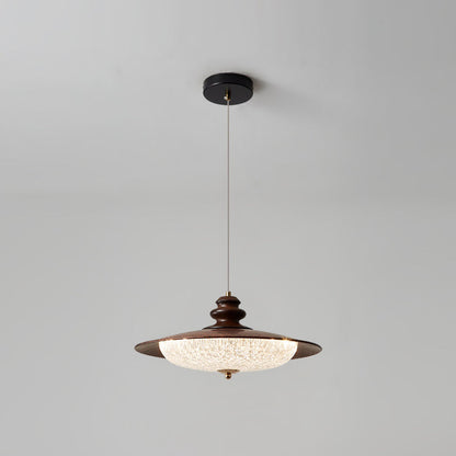 Traditional Vintage Iron Faux Woodgrain Acrylic Round LED Pendant Light For Living Room