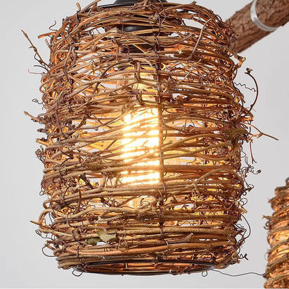 Traditional Rustic Solid Wood Strip Hemp Rope Rattan Weaving Cylinder Shade 3/4-Light Chandelier Island Light For Dining Room