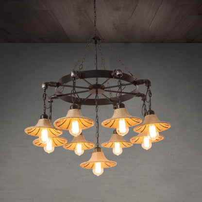 Traditional Rustic Iron Round Frame Hemp Rope Weaving Shade 7/9-Light Chandelier For Living Room