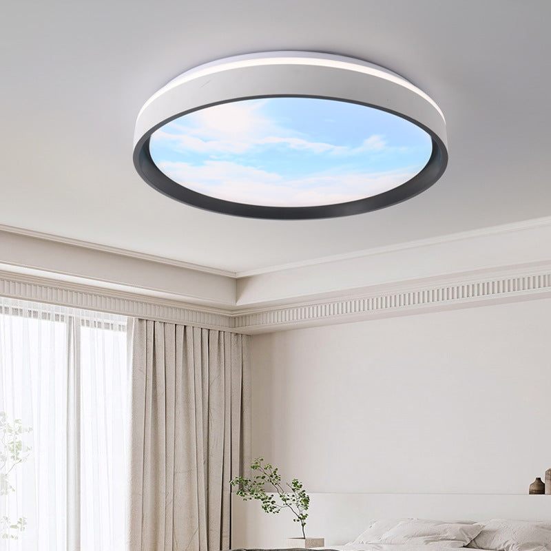 Contemporary Nordic Iron Blue Sky & Cloud Pattern Acrylic Round Shade LED Flush Mount Ceiling Light For Living Room