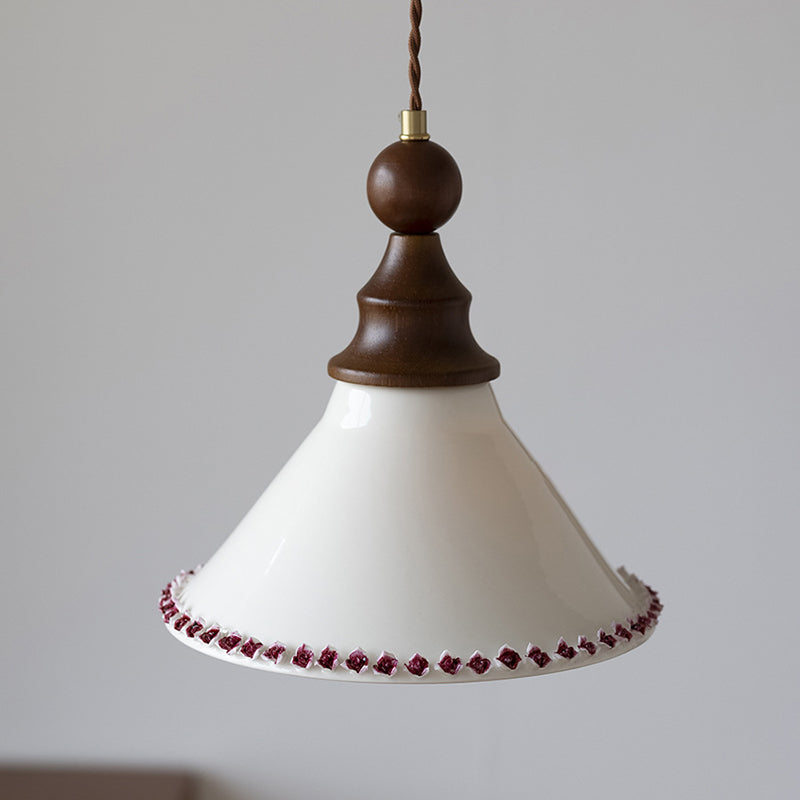 Traditional Vintage Triangle Solid Wood Ceramic Brass 1-Light Pendant Light For Bedroom