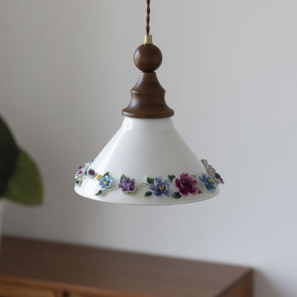 Traditional Vintage Triangle Solid Wood Ceramic Brass 1-Light Pendant Light For Bedroom