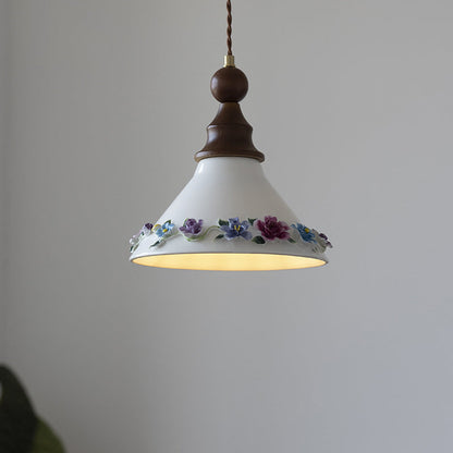 Traditional Vintage Triangle Solid Wood Ceramic Brass 1-Light Pendant Light For Bedroom
