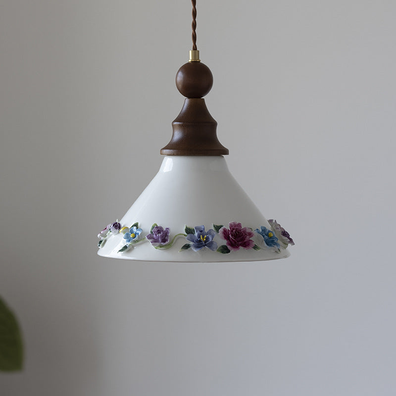 Traditional Vintage Triangle Solid Wood Ceramic Brass 1-Light Pendant Light For Bedroom