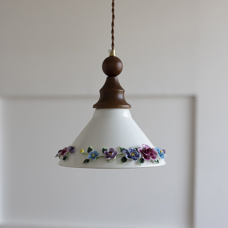 Traditional Vintage Triangle Solid Wood Ceramic Brass 1-Light Pendant Light For Bedroom