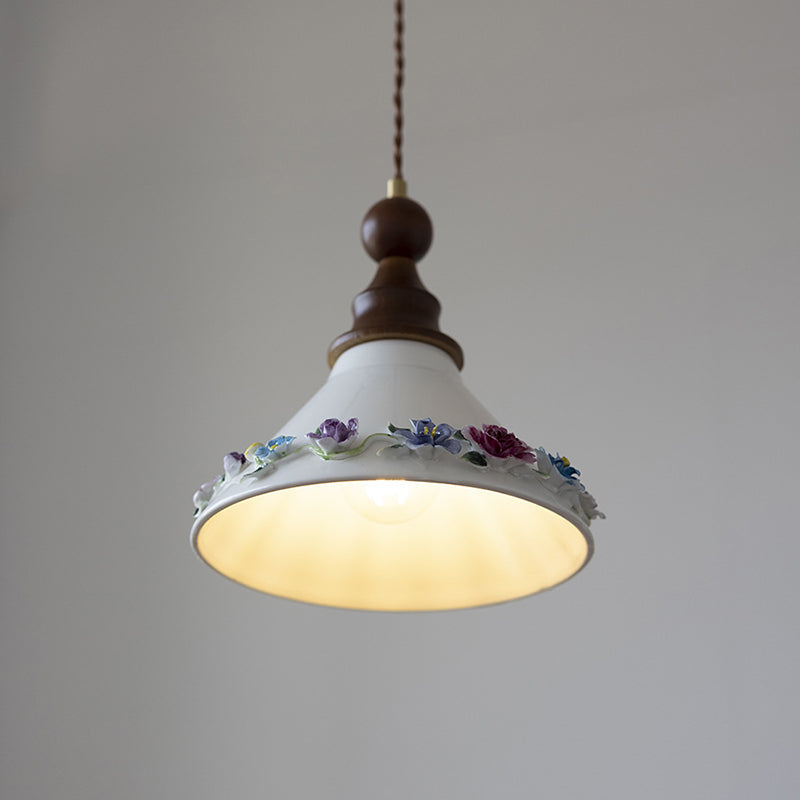 Traditional Vintage Triangle Solid Wood Ceramic Brass 1-Light Pendant Light For Bedroom