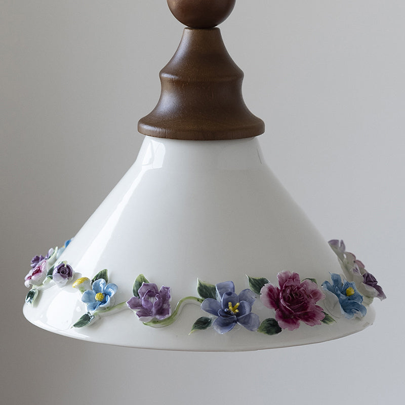 Traditional Vintage Triangle Solid Wood Ceramic Brass 1-Light Pendant Light For Bedroom