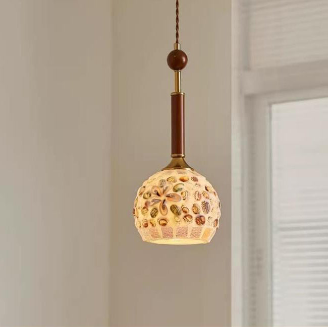 Traditional Vintage Oval Glass Iron Solid Wood 1-Light Pendant Light For Bedroom