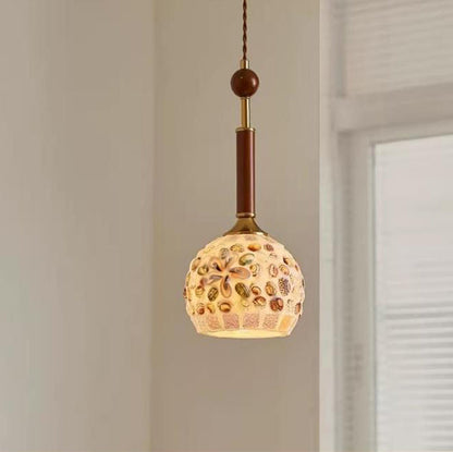 Traditional Vintage Oval Glass Iron Solid Wood 1-Light Pendant Light For Bedroom