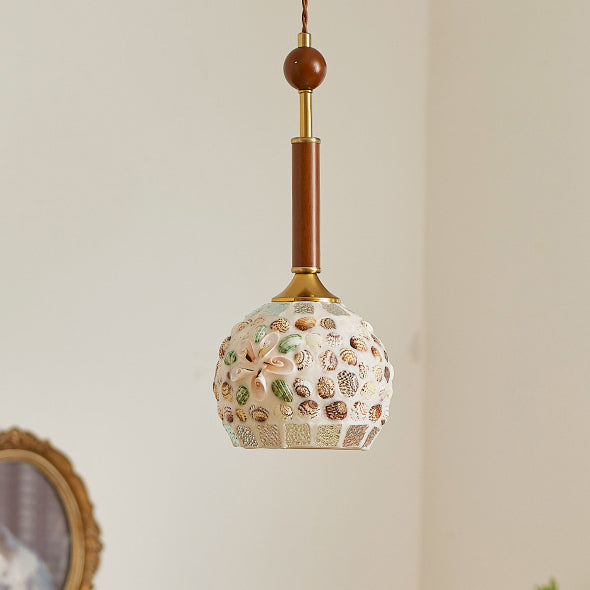 Traditional Vintage Oval Glass Iron Solid Wood 1-Light Pendant Light For Bedroom