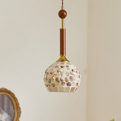 Traditional Vintage Oval Glass Iron Solid Wood 1-Light Pendant Light For Bedroom