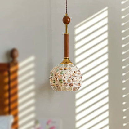 Traditional Vintage Oval Glass Iron Solid Wood 1-Light Pendant Light For Bedroom