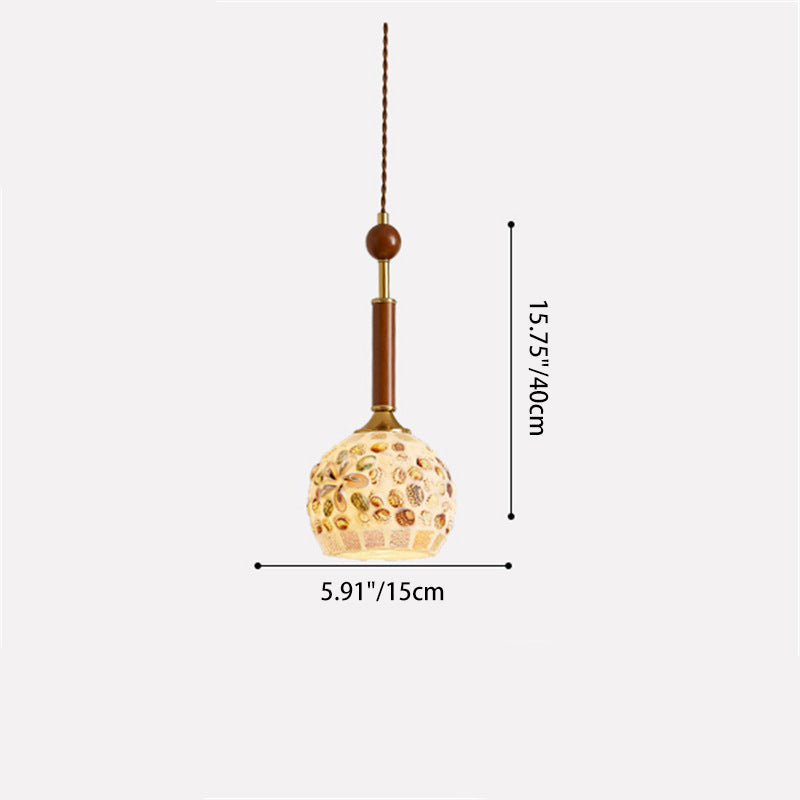 Traditional Vintage Oval Glass Iron Solid Wood 1-Light Pendant Light For Bedroom