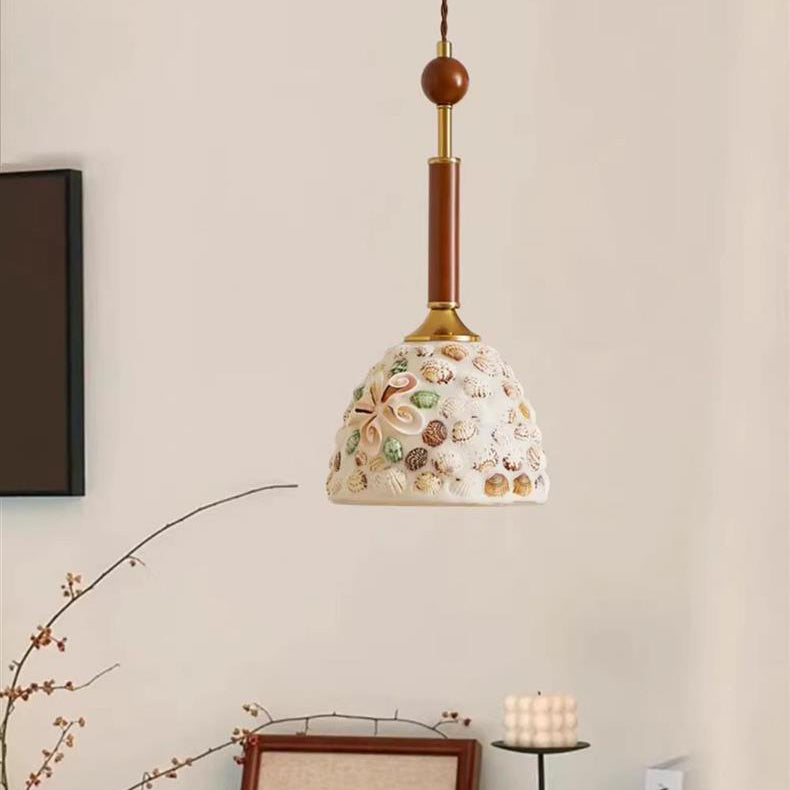 Traditional Vintage Oval Glass Iron Solid Wood 1-Light Pendant Light For Bedroom